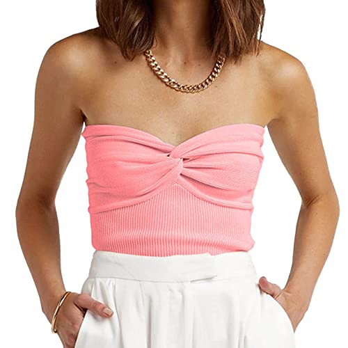 Yesgirl Damen Crop Tops Y2K Bandeau Tube Top Gerippt Knit Crop Tops Sexy Trägerloses Ärmelloses Oberteile Twist Knot Front Tank Top Sommer Slim Fit Crop Tank Bustier A Rosa1 S von Yesgirl