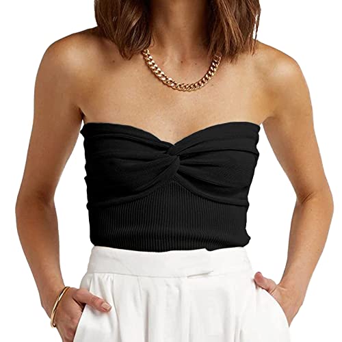 Yesgirl Damen Crop Tops Y2K Bandeau Tube Top Gerippt Knit Crop Tops Sexy Trägerloses Ärmelloses Oberteile Twist Knot Front Tank Top Sommer Slim Fit Crop Tank Bustier A Schwarz M von Yesgirl