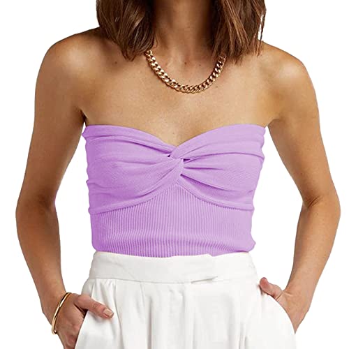 Yesgirl Damen Crop Tops Y2K Bandeau Tube Top Gerippt Knit Crop Tops Sexy Trägerloses Ärmelloses Oberteile Twist Knot Front Tank Top Sommer Slim Fit Crop Tank Bustier A Violett S von Yesgirl