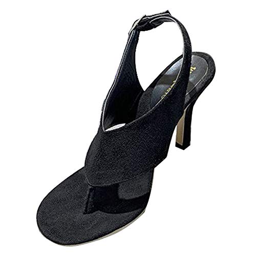 Yesgirl Damen Flach Sommer Sandalen Mit Absatz Zehentrenner Strand Sandalen Elastischen Knöchelriemchen Freizeit Urlaub rutschfest Sommer Bequem Dicke Sohle Schwarz 37 EU von Yesgirl