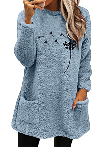 Yesgirl Damen Fleece Pullover Winter Warme Unterhemd Sweatshirt Gefüttert Langarmshirt Plus Dicker Plüsch Shirts Oberteil Bedruckt Lamm Kaschmir Pulli A Hellblau M von Yesgirl