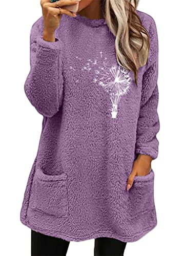 Yesgirl Damen Fleece Pullover Winter Warme Unterhemd Sweatshirt Gefüttert Langarmshirt Plus Dicker Plüsch Shirts Oberteil Bedruckt Lamm Kaschmir Pulli A Violett S von Yesgirl