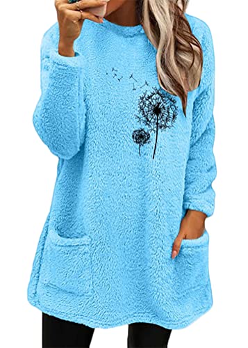 Yesgirl Damen Fleece Pullover Winter Warme Unterhemd Sweatshirt Gefüttert Langarmshirt Plus Dicker Plüsch Shirts Oberteil Bedruckt Lamm Kaschmir Pulli B Blau 3XL von Yesgirl