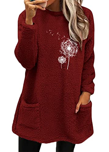 Yesgirl Damen Fleece Pullover Winter Warme Unterhemd Sweatshirt Gefüttert Langarmshirt Plus Dicker Plüsch Shirts Oberteil Bedruckt Lamm Kaschmir Pulli B Rot XL von Yesgirl