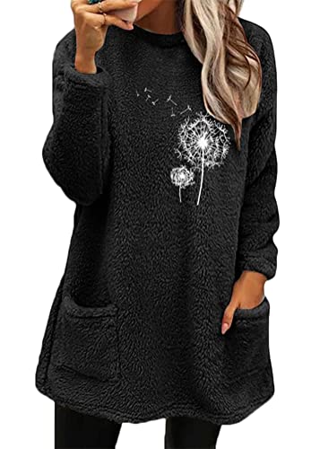 Yesgirl Damen Fleece Pullover Winter Warme Unterhemd Sweatshirt Gefüttert Langarmshirt Plus Dicker Plüsch Shirts Oberteil Bedruckt Lamm Kaschmir Pulli B Schwarz XL von Yesgirl