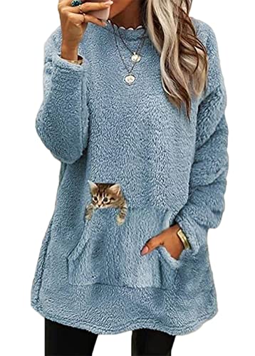 Yesgirl Damen Fleece Pullover Winter Warme Unterhemd Sweatshirt Gefüttert Langarmshirt Plus Dicker Plüsch Shirts Oberteil Bedruckt Lamm Kaschmir Pulli D Blau1 3XL von Yesgirl