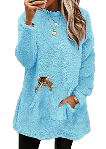 Yesgirl Damen Fleece Pullover Winter Warme Unterhemd Sweatshirt Gefüttert Langarmshirt Plus Dicker Plüsch Shirts Oberteil Bedruckt Lamm Kaschmir Pulli D Blau2 3XL von Yesgirl