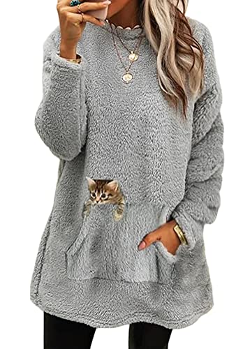 Yesgirl Damen Fleece Pullover Winter Warme Unterhemd Sweatshirt Gefüttert Langarmshirt Plus Dicker Plüsch Shirts Oberteil Bedruckt Lamm Kaschmir Pulli D Grau 3XL von Yesgirl