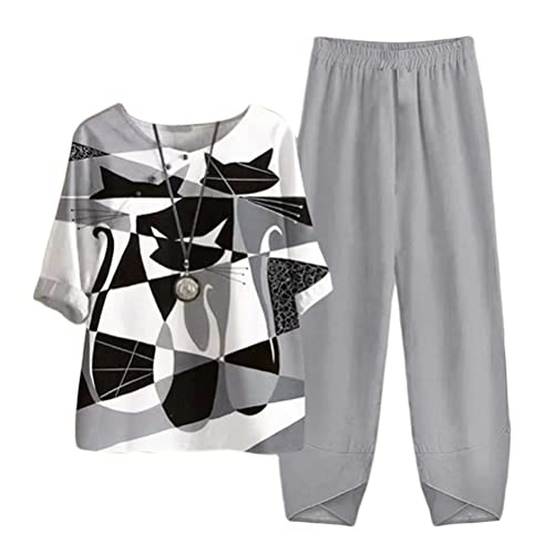 Yesgirl Damen Freizeitanzug Zweiteiler Outfit 2 Stück Trainingsanzug Set 2 Teilig Jogginganzug Sportanzug Drucken Oberteile und Jogginghose Sportswear Tracksuit A Grau XXL von Yesgirl