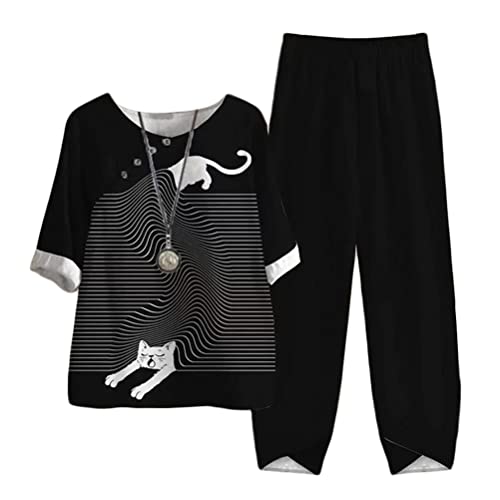 Yesgirl Damen Freizeitanzug Zweiteiler Outfit 2 Stück Trainingsanzug Set 2 Teilig Jogginganzug Sportanzug Drucken Oberteile und Jogginghose Sportswear Tracksuit A Schwarz4 XXL von Yesgirl