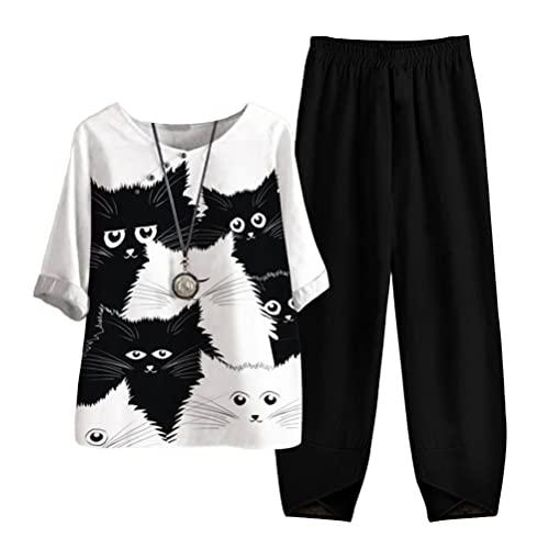 Yesgirl Damen Freizeitanzug Zweiteiler Outfit 2 Stück Trainingsanzug Set 2 Teilig Jogginganzug Sportanzug Drucken Oberteile und Jogginghose Sportswear Tracksuit A Weiß4 XXL von Yesgirl