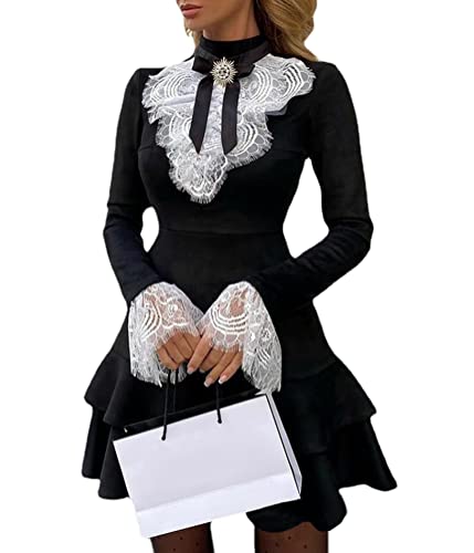 Yesgirl Damen Hemdkleid Elegant Blusenkleid Langarm Tunika Kleider Freizeitkleid Spleißen A Linie Kleider Knöpfen Herbstkleid Casual Minikleid B Schwarz L von Yesgirl