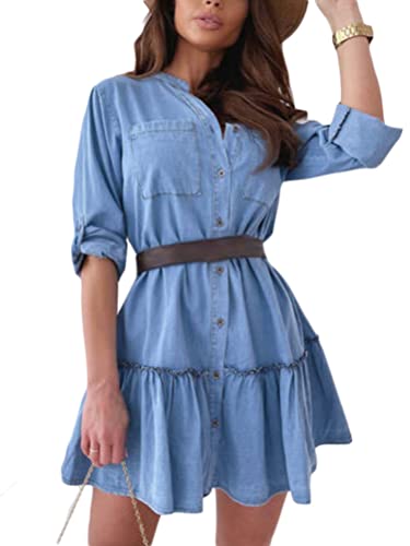 Yesgirl Damen Jeanskleid Casual Sommerkleid Jeanshemd Kleid Minikleid Shirtkleid 3/4-Arm V-Ausschnitt Hemdkleid Blusenkleid Tunikakleider mit Rüschen Knielang Kleid Knopfkleid Freizeitkleider B Blau S von Yesgirl