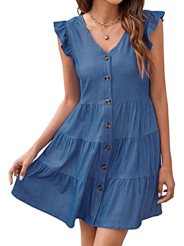 Yesgirl Damen Jeanskleid Casual Sommerkleid Jeanshemd Kleid Minikleid Shirtkleid Kurzarm V-Ausschnitt Hemdkleid Blusenkleid Tunikakleider mit Rüschen Knopfkleid Freizeitkleider C Dunkelblau XXL von Yesgirl