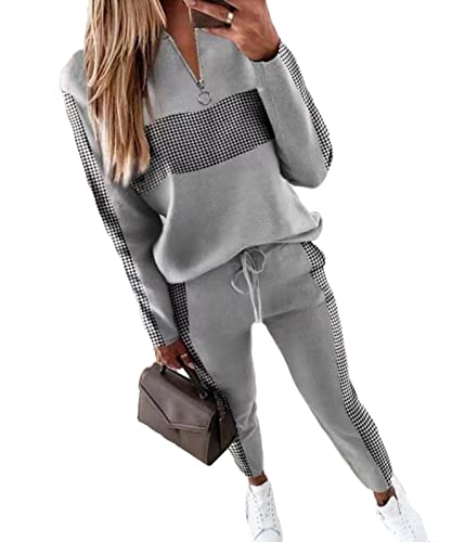 Yesgirl Damen Jogginganzug Zweiteiler Outfit 2 Stück Trainingsanzug Set 2 Teilig Freizeitanzug Sportanzug Colorblock Sweatshirt + Jogginghose Sportswear Sportbekleidung Tracksuit B Grau L von Yesgirl