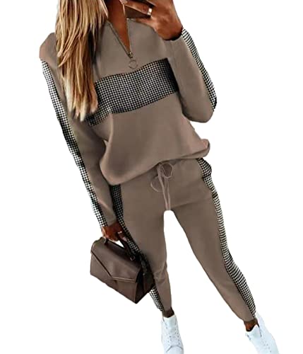 Yesgirl Damen Jogginganzug Zweiteiler Outfit 2 Stück Trainingsanzug Set 2 Teilig Freizeitanzug Sportanzug Colorblock Sweatshirt + Jogginghose Sportswear Sportbekleidung Tracksuit B Khaki XL von Yesgirl