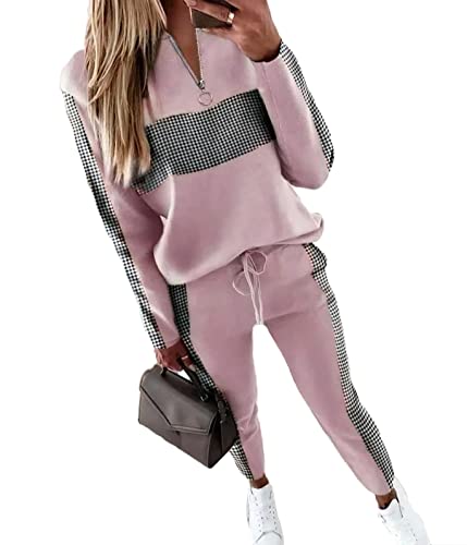 Yesgirl Damen Jogginganzug Zweiteiler Outfit 2 Stück Trainingsanzug Set 2 Teilig Freizeitanzug Sportanzug Colorblock Sweatshirt + Jogginghose Sportswear Sportbekleidung Tracksuit B Rosa L von Yesgirl