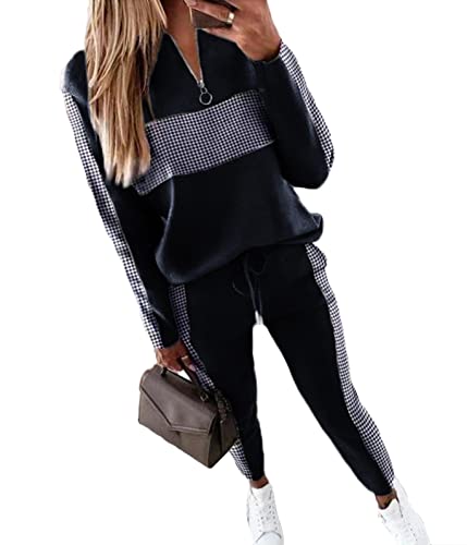 Yesgirl Damen Jogginganzug Zweiteiler Outfit 2 Stück Trainingsanzug Set 2 Teilig Freizeitanzug Sportanzug Colorblock Sweatshirt + Jogginghose Sportswear Sportbekleidung Tracksuit B Schwarz M von Yesgirl