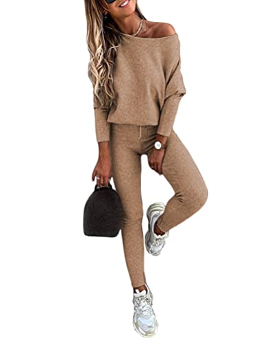 Yesgirl Damen Jogginganzug Zweiteiler Outfit 2 Stück Trainingsanzug Set 2 Teilig Freizeitanzug Sportanzug Colorblock Sweatshirt + Jogginghose Sportswear Sportbekleidung Tracksuit C Khaki L von Yesgirl