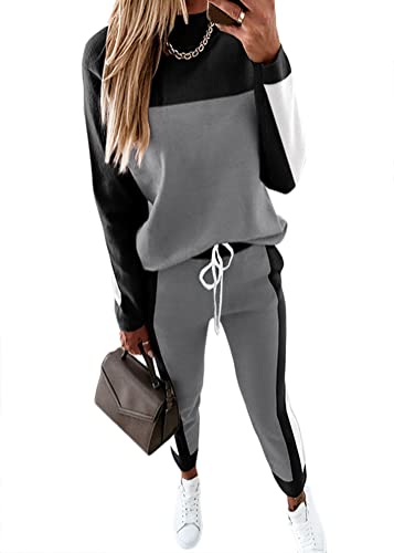 Yesgirl Damen Jogginganzug Zweiteiler Outfit 2 Stück Trainingsanzug Set 2 Teilig Freizeitanzug Sportanzug Colorblock Sweatshirt + Jogginghose Sportswear Sportbekleidung Tracksuit E Grau L von Yesgirl