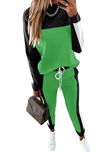 Yesgirl Damen Jogginganzug Zweiteiler Outfit 2 Stück Trainingsanzug Set 2 Teilig Freizeitanzug Sportanzug Colorblock Sweatshirt + Jogginghose Sportswear Sportbekleidung Tracksuit E Grün M von Yesgirl