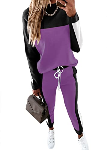 Yesgirl Damen Jogginganzug Zweiteiler Outfit 2 Stück Trainingsanzug Set 2 Teilig Freizeitanzug Sportanzug Colorblock Sweatshirt + Jogginghose Sportswear Sportbekleidung Tracksuit E Violett XXL von Yesgirl