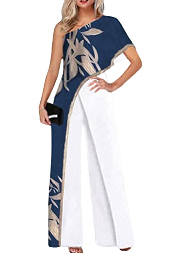 Yesgirl Damen Jumpsuit Elegant Kurzarm Playsuit Schulterfrei Lang Overall Hosenanzug Casual Lose Drucken Playsuit Ärmellos Taille Romper Sommer A Blau XXL von Yesgirl