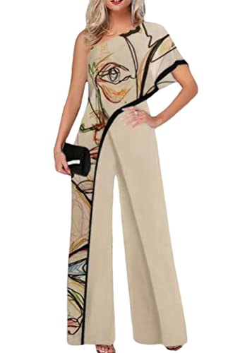 Yesgirl Damen Jumpsuit Elegant Kurzarm Playsuit Schulterfrei Lang Overall Hosenanzug Casual Lose Drucken Playsuit Ärmellos Taille Romper Sommer A Khaki M von Yesgirl