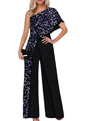 Yesgirl Damen Jumpsuit Elegant Kurzarm Playsuit Schulterfrei Lang Overall Hosenanzug Casual Lose Drucken Playsuit Ärmellos Taille Romper Sommer A Schwarz6 3XL von Yesgirl