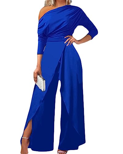 Yesgirl Damen Jumpsuit Elegant Langarm Playsuit Schulterfrei Lang Overall Hosenanzug Casual Lose Drucken Playsuit Hohe Taille Romper Sommer B Blau XL von Yesgirl