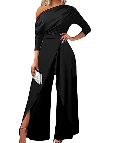 Yesgirl Damen Jumpsuit Elegant Langarm Playsuit Schulterfrei Lang Overall Hosenanzug Casual Lose Drucken Playsuit Hohe Taille Romper Sommer B Schwarz M von Yesgirl