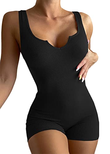 Yesgirl Damen Jumpsuit Tank Top Bodysuit Sexy Ärmellos Bodysuit Playsuit Sommer Kurz Einteiler Overall Hosenanzug Sport Playsuit Rompers Stretch Bodycon Yoga Outfits Strampler A Schwarz M von Yesgirl