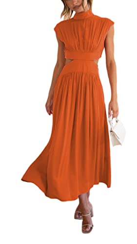 Yesgirl Damen Kleid Ärmellose Sommerkleid Elegant Chic Midi Kleider A-Linie Kleid Casual High Waist Kleid Einfarbig Freizeitkleid Partykleid Wrap Cocktailkleider A Orange L von Yesgirl