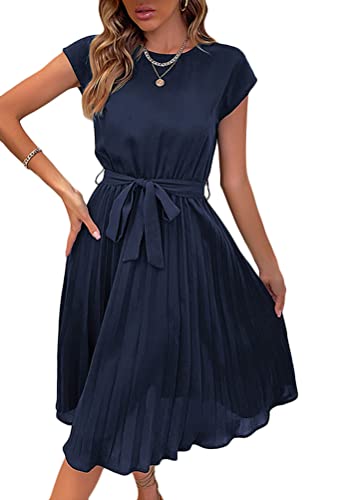 Yesgirl Damen Kleid Casual Polka Dot Kleid Rundhals Kurzarm Sommerkleid Boho Midi Kleider Elegant Freizeitkleid mit Gürtel Strandkleid Wickelkleid mit Plissee A Blau M von Yesgirl