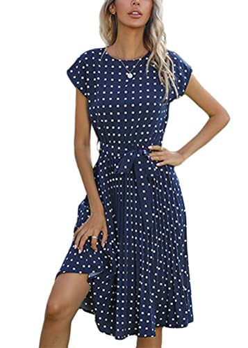 Yesgirl Damen Kleid Casual Polka Dot Kleid Rundhals Kurzarm Sommerkleid Boho Midi Kleider Elegant Freizeitkleid mit Gürtel Strandkleid Wickelkleid mit Plissee B Blau L von Yesgirl