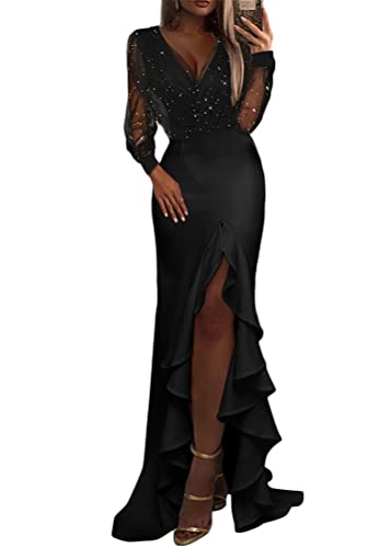 Yesgirl Damen Kleider V-Ausschnitt Cocktailkleid Mit Schlitz Rüschen Maxikleid Elegant Wickelkleid Glitzer Abendkleider Ballkleid Langarm Freizeitkleid Partykleid A Schwarz L von Yesgirl