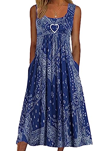 Yesgirl Damen Lange Kleid Rundhals Elegant Freizeitkleider Ärmellose Casual Kleid A Linie Midi Kleid Hohe Taille Midikleid B Blau XL von Yesgirl