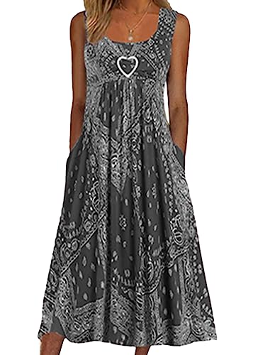 Yesgirl Damen Lange Kleid Rundhals Elegant Freizeitkleider Ärmellose Casual Kleid A Linie Midi Kleid Hohe Taille Midikleid B Grau M von Yesgirl