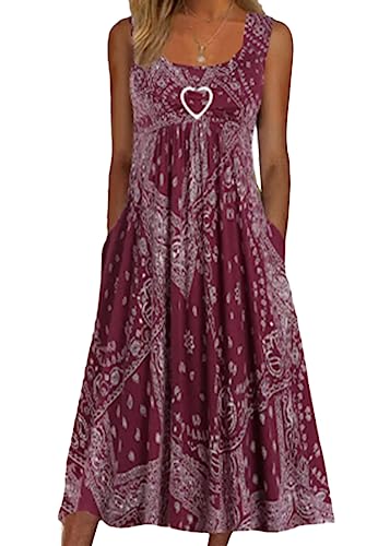 Yesgirl Damen Lange Kleid Rundhals Elegant Freizeitkleider Ärmellose Casual Kleid A Linie Midi Kleid Hohe Taille Midikleid B Rot XXL von Yesgirl