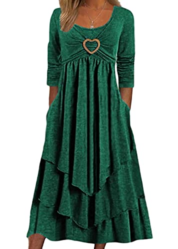 Yesgirl Damen Lange Kleid Rundhals Elegant Freizeitkleider Langarm Casual Kleid A Linie Midi Kleid Hohe Taille Einfarbig Midikleid Kuchenkleid Herbst Kleider mit Rüschen A Grün2 3XL von Yesgirl