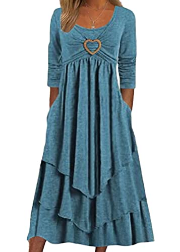 Yesgirl Damen Lange Kleid Rundhals Elegant Freizeitkleider Langarm Casual Kleid A Linie Midi Kleid Hohe Taille Einfarbig Midikleid Kuchenkleid Herbst Kleider mit Rüschen A Hellblau L von Yesgirl