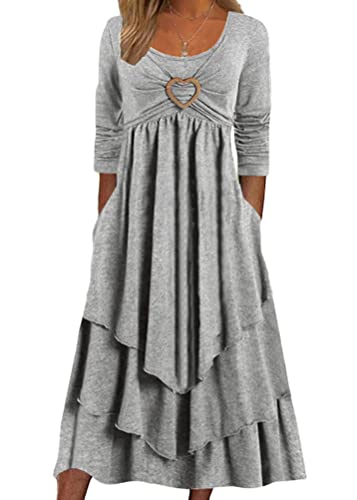 Yesgirl Damen Lange Kleid Rundhals Elegant Freizeitkleider Langarm Casual Kleid A Linie Midi Kleid Hohe Taille Einfarbig Midikleid Kuchenkleid Herbst Kleider mit Rüschen A Hellgrau L von Yesgirl