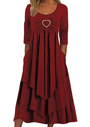 Yesgirl Damen Lange Kleid Rundhals Elegant Freizeitkleider Langarm Casual Kleid A Linie Midi Kleid Hohe Taille Einfarbig Midikleid Kuchenkleid Herbst Kleider mit Rüschen A Rot L von Yesgirl