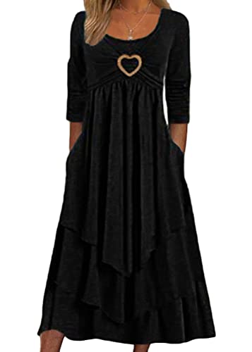 Yesgirl Damen Lange Kleid Rundhals Elegant Freizeitkleider Langarm Casual Kleid A Linie Midi Kleid Hohe Taille Einfarbig Midikleid Kuchenkleid Herbst Kleider mit Rüschen A Schwarz 3XL von Yesgirl