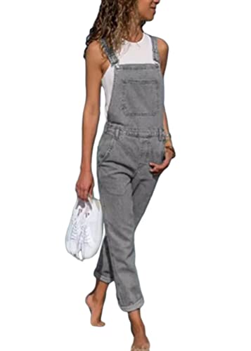 Yesgirl Damen Latzhose Sommer Jeanslatzhose Ärmellos Baggy Jumpsuit Overall Destroyed Vintage Jeans Playsuit Fashion Jeans Trägerhose Romper Loose Lange Hose D Grau L von Yesgirl