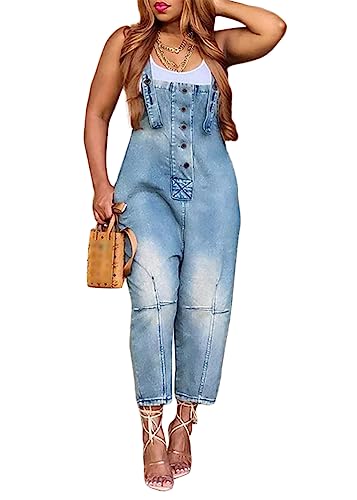 Yesgirl Damen Latzhose Sommer Jeanslatzhose Ärmellos Baggy Jumpsuit Overall Destroyed Vintage Jeans Playsuit Fashion Jeans Trägerhose Romper Loose Lange Hose F Blau1 XL von Yesgirl