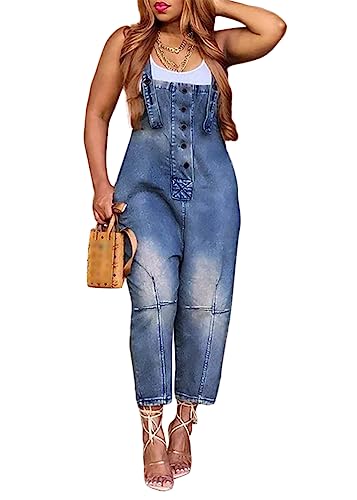 Yesgirl Damen Latzhose Sommer Jeanslatzhose Ärmellos Baggy Jumpsuit Overall Destroyed Vintage Jeans Playsuit Fashion Jeans Trägerhose Romper Loose Lange Hose F Blau2 XXL von Yesgirl