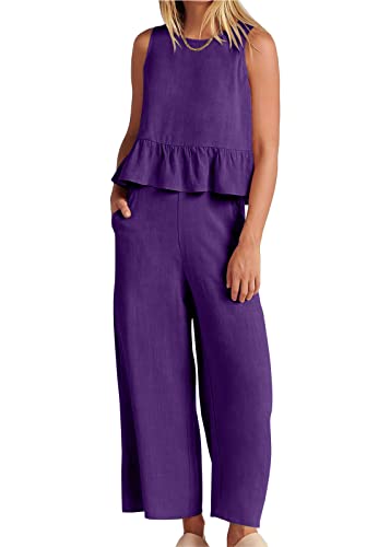 Yesgirl Damen Leinen Zweiteiler Outfit Sommer Hose und Tank Top 2 Teiler Anzug Casual Einfarbig Hosenanzug Freizeitanzug Set Rundhals Leinenanzug Sportanzug A Violett M von Yesgirl