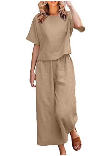 Yesgirl Damen Leinen Zweiteiler Outfit Sommer Hose und Tank Top 2 Teiler Anzug Casual Einfarbig Hosenanzug Freizeitanzug Set Rundhals Leinenanzug Sportanzug B Khaki L von Yesgirl