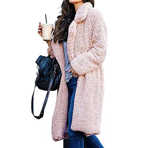 Yesgirl Damen Mantel Plüschjacke Lang Wintermantel Winter Parka Cardigan Einfarbig Fellmantel Lose Revers Outwear Warm Winterjacke Elegant Fleecemantel Rosa XX-Large von Yesgirl